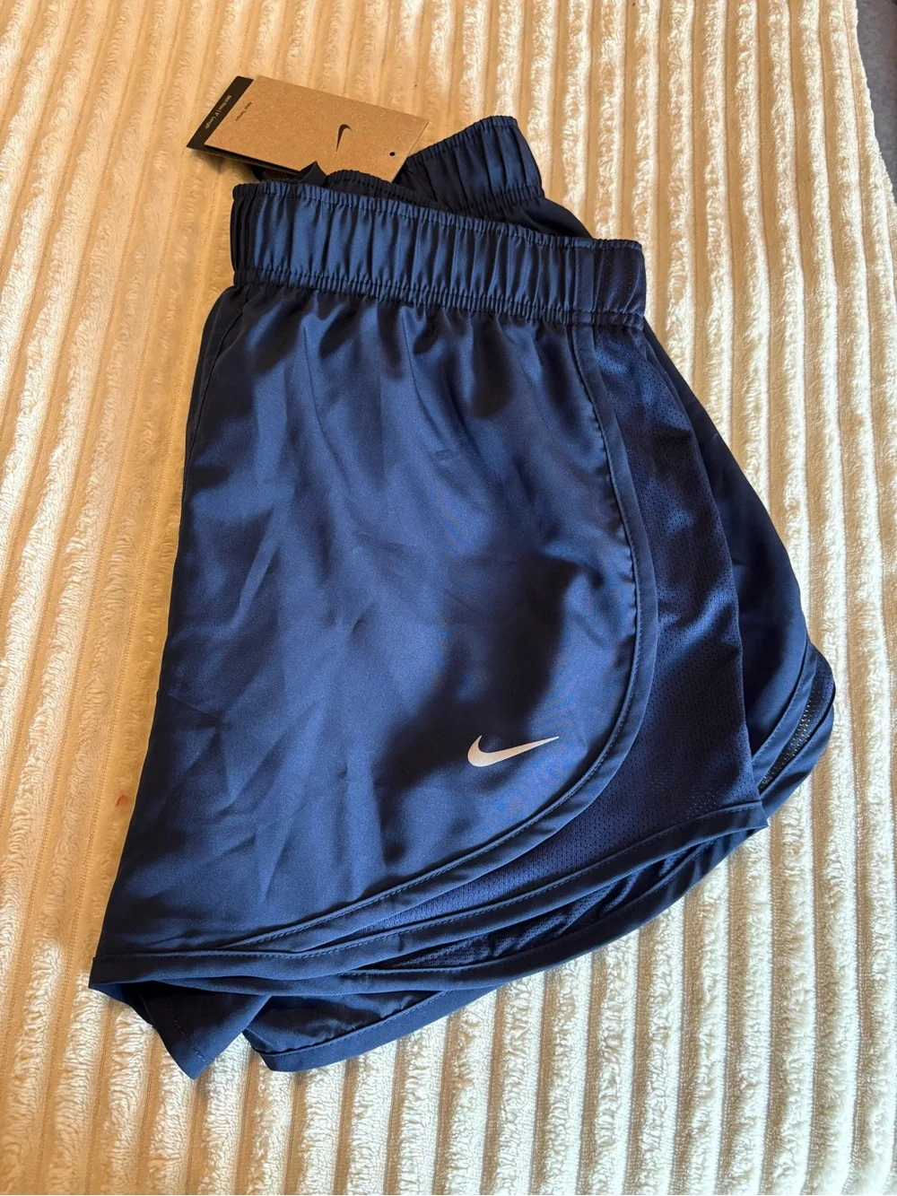Nike Women's Dark Blue Athletic Shorts with White Swoosh - Picture 3 of 4
